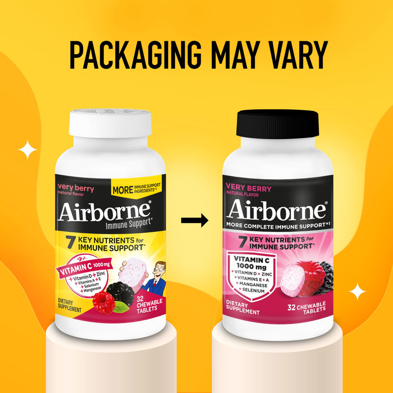 Airborne Very Berry Chewable Tablets, 32ct | Immune Support Supplement with 1000mg Vitamin C + Vitamins A, D, E, Zinc,Selenium, & Manganese | Herbal blend | Gluten Free