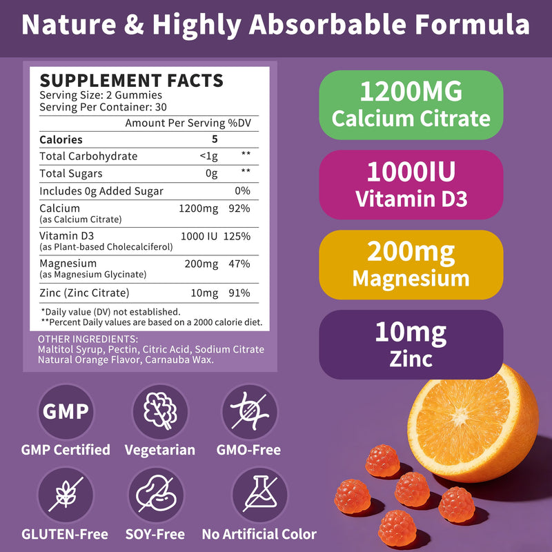 (3 Pack) Calcium Citrate 1200 mg for Women Men,Calcium Magnesium Zinc Vitamin D3 Gummies,High Absorption Calcium Chews Supplement for Bone,Teeth & Muscle Healthy,Sugar Free,Vegan,Non-GMO,Orange Flavor 60 Count (Pack of 3)