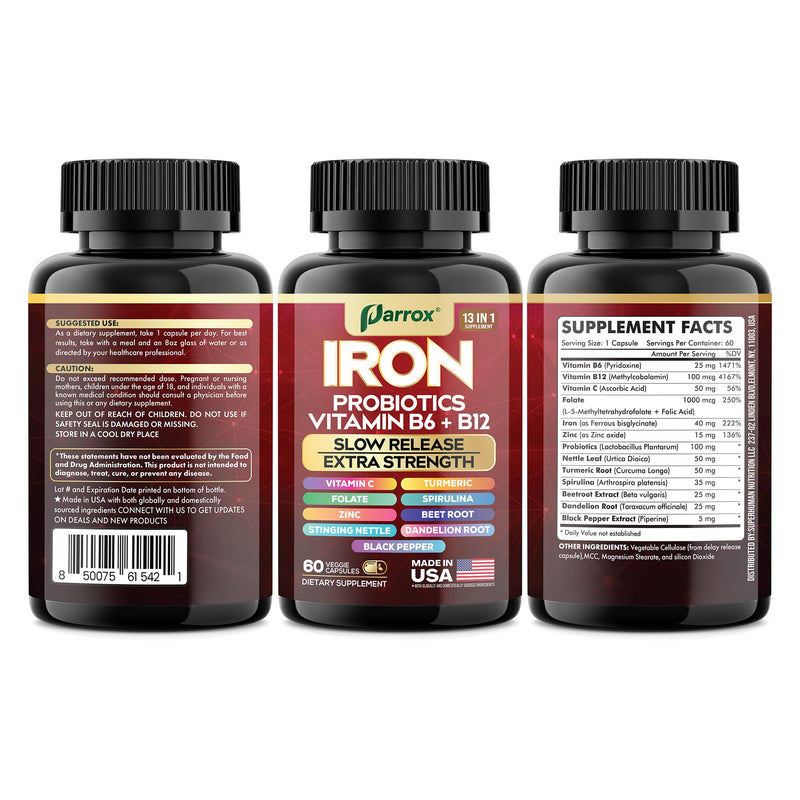 Iron Bisglycinate Supplement, Slow Release Probiotics, 60 Caps, 2 Pack | With Probiotics, Spirulina, Turmeric, Vitamins B6, B12, C, Zinc, Beetroot, Nettle Leaf, Dandelion Root 60 Count (Pack of 2)