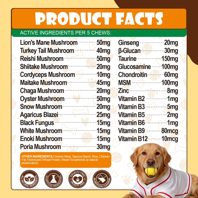 Mushroom Chews for Dogs - Turkey Tail Mushroom for Dogs - Dog Lumps & Bumps - Immune Health Support, Digestive,Cellular, Joint, Skin, Coat - Reishi, Lions Mane, Shiitake - 160 Chews