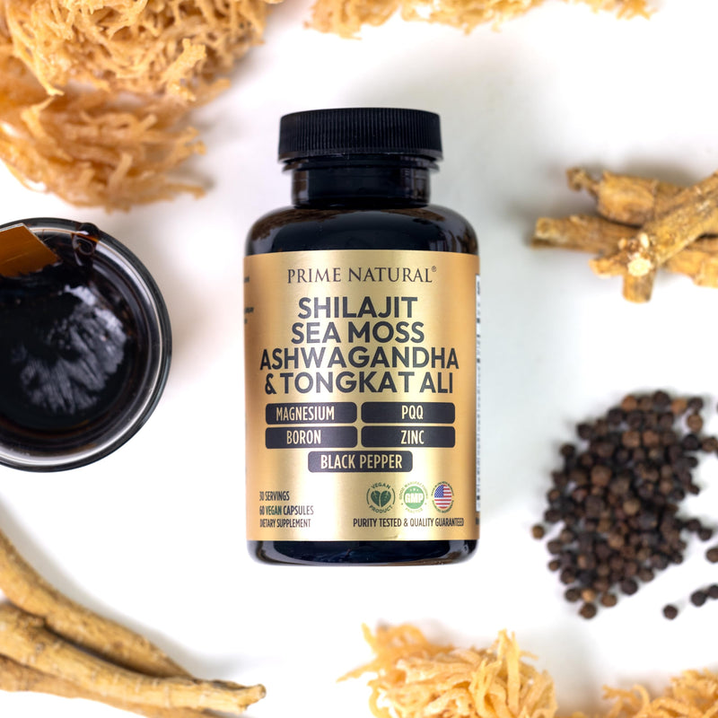 Shilajit 10,000mg, Irish Sea Moss 2000mg, Ashwagandha 3000mg, Tongkat Ali 30,000mg, Boron, Magnesium, PQQ & More | 60 Capsules - 30 Days Supply| Fulvic Acid Veg Capsules| Vegan| Gluten Free | Non-GMO - BeesActive Australia