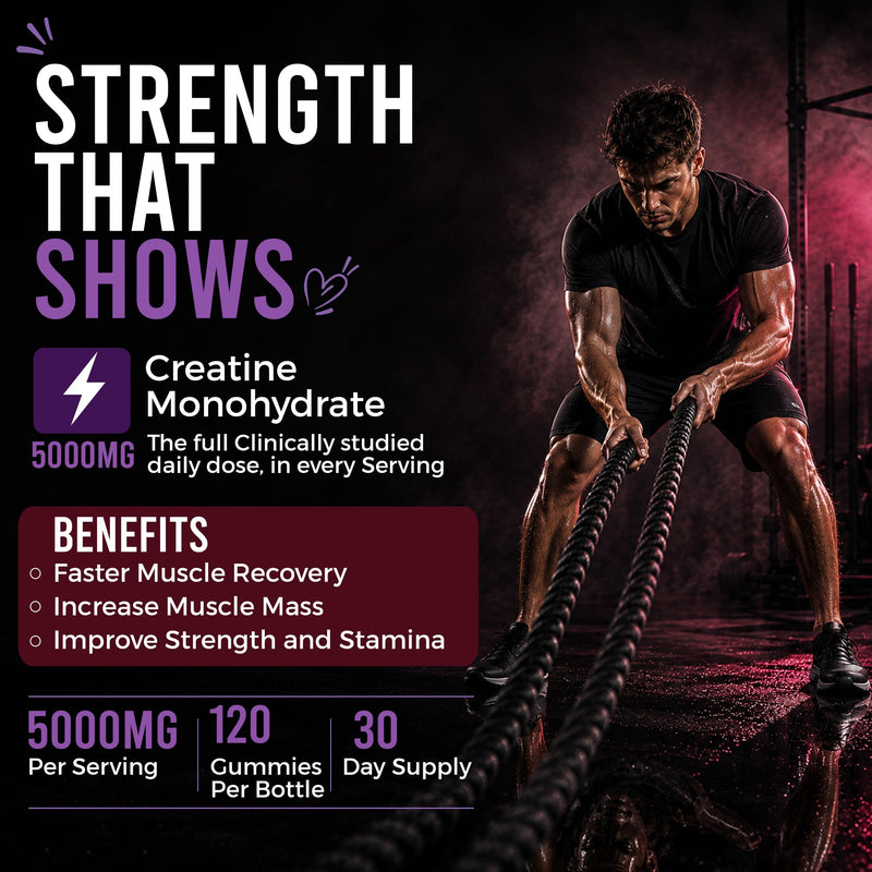 Creatine Gummies for Easy Daily Supplementation, Creatine Monohydrate Gummies with BCAA, Vitamin B12 & L-Taurine, 5000mg Per Serving, Vegan, Gluten Free, Non-GMO, Raspberry Flavour, 120 Gummies