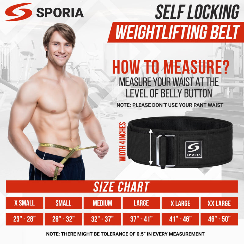 SPORIA Self-Locking Weight Lifting Belt | 4 inch Back Support | Includes Lifting Straps Medium Black - BeesActive Australia