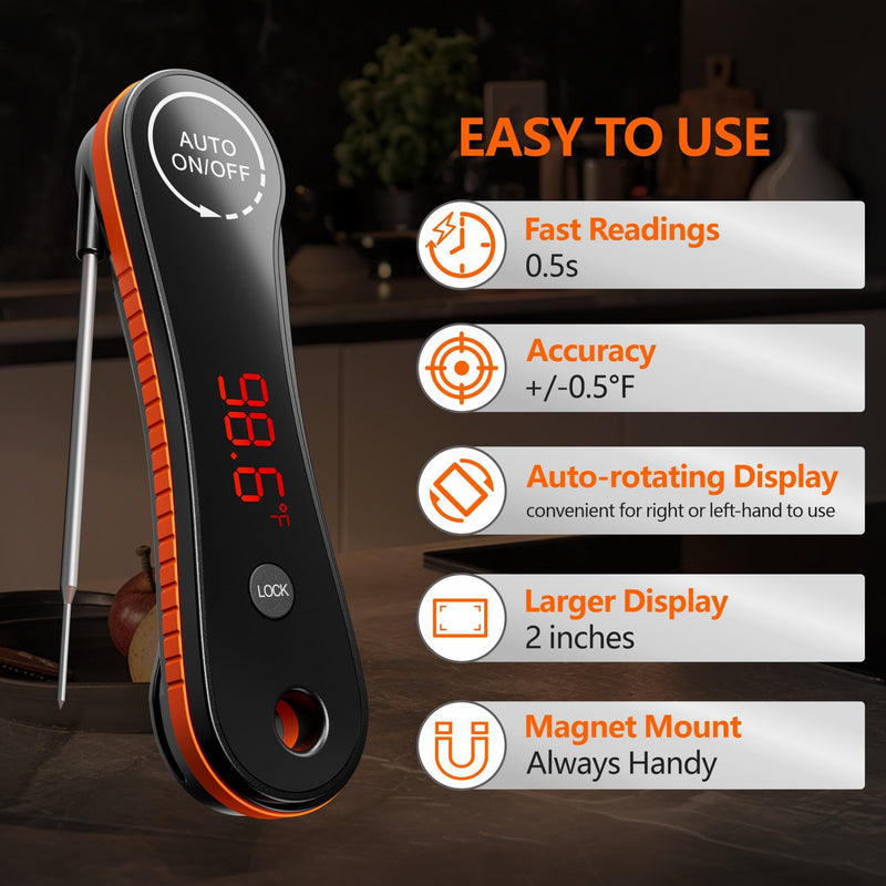 Meat Thermometer Digital Instant Read - Paysean Meat Thermometer with Auto Rotating Backlit Display, IP67 Waterproof for Cooking, Grilling, BBQ, Candy, Liquid, Beef - Gifts for Men/Chefs