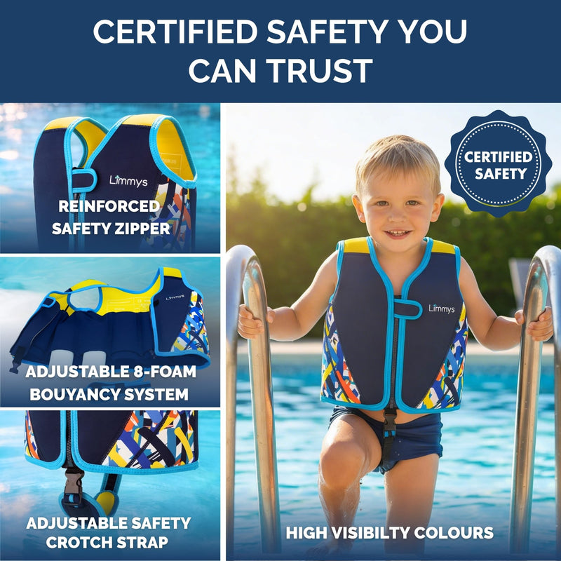 Limmys Swim Vest for Toddlers & Kids - Adjustable Buoyancy Swimming Aid, CE Safety Certified, Award-Winning Parent-Approved Design, Soft Neoprene Comfort, Secure Durable Design, Carry Bag Included Large Navy Blue - BeesActive Australia