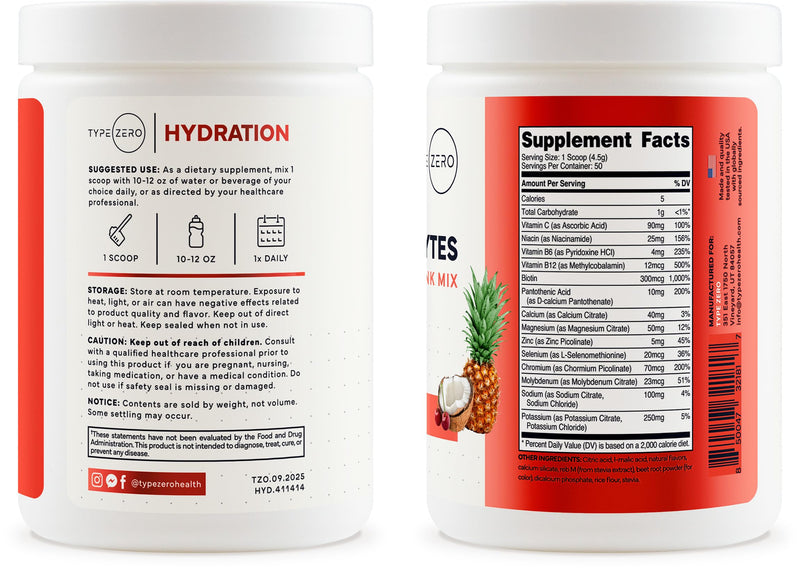 Type Zero Clean Electrolytes Hydration Powder (Fruit Punch) 50 Servings | 14 Essential Vitamins & Minerals, Sugar Free, Zero Artificial Ingredients