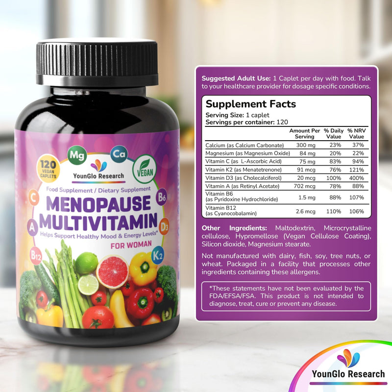 Menopause Supplement - 120 Vegan Caplets - Menopause & Perimenopause Relief Support - Food and Dietary Vitamins - Multivitamin for Women