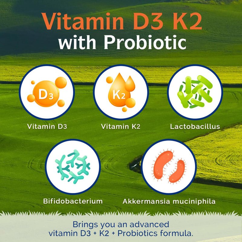 Innate Vitality D3 K2 Vitamin 10000IU + Probiotics, Akkermansia Muciniphila | Bone, Immune, Digestive & Heart Support, Non-GMO, No Soy or Gluten, 60 Capsules