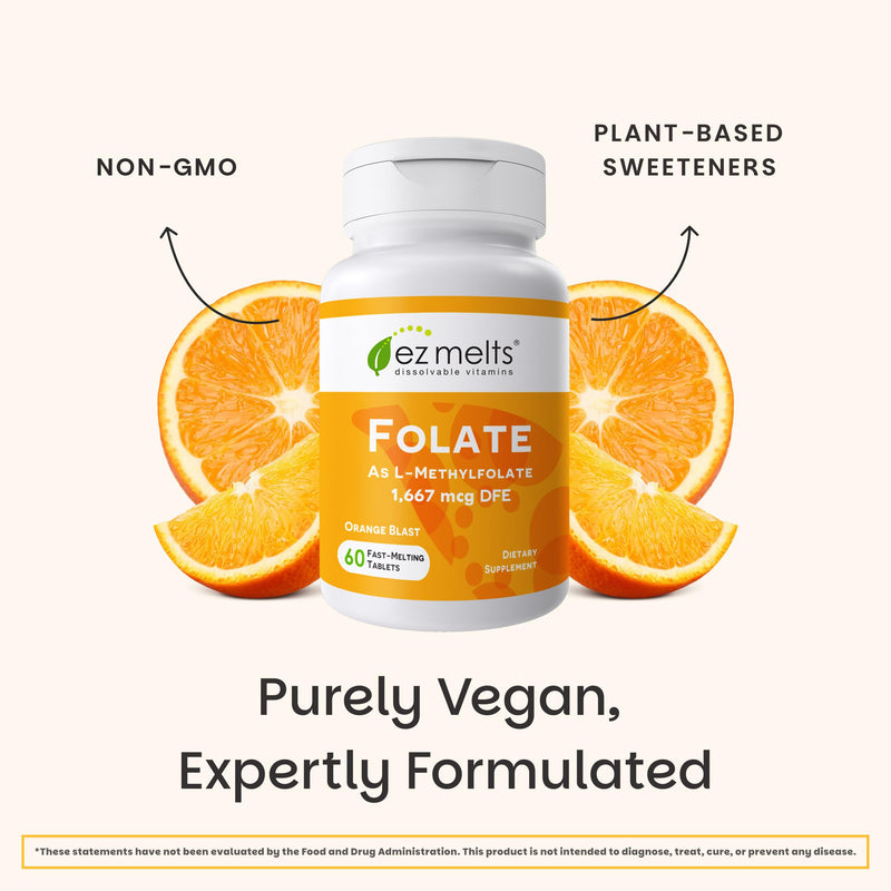 EZ Melts Dissolvable Folate 1,667 mcg DFE - Methylated Folate Supplement - Heart Health & Healthy Fetal Development - Non-GMO, Vegan & Dairy-Free - Orange Blast -60 Dissolvable Tablets (60 Servings) 60 Count (Pack of 1)