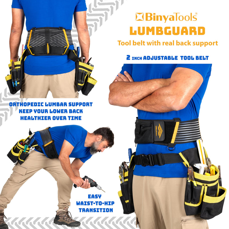 BINYATOOLS Tool Belt with Lumbar Back Support for Tradesman Pro Construction Electrician 2" Tool Belt for Men Orthopedic Lower Back Brace for Heavy Lifting Lightweight with D Rings and Pockets- XL Extra large