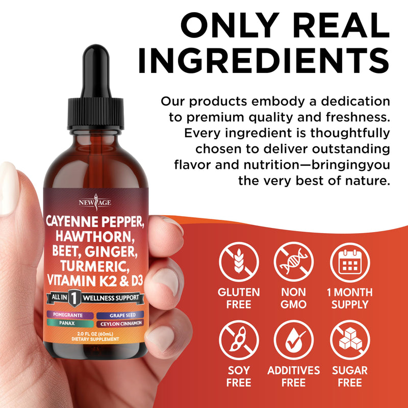 Cayenne Pepper Supplement Liquid Drops + Hawthorn Berry, Vitamin D3 K2 Beet Root Powder, Ceylon Cinnamon, Turmeric Curcumin, Organic Panax Ginseng - 4oz 2 Fl Oz (Pack of 2)