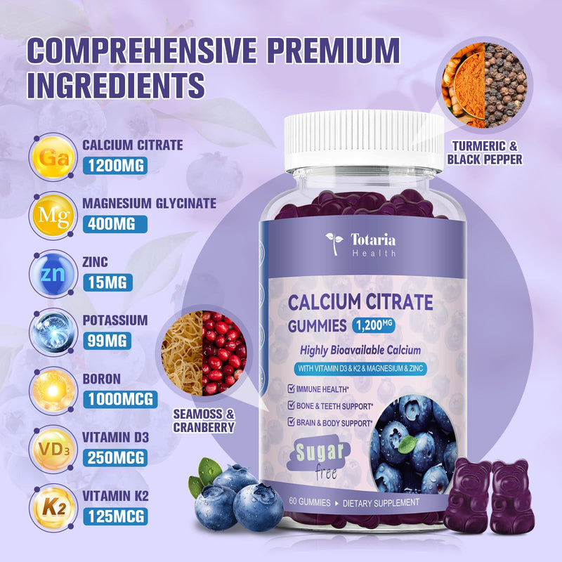 2 Pack Calcium Citrate Gummies 1200 mg - Calcium Supplements for Women with Vitamin D3 & K2,Magnesium,Zinc - Sugar Free Calcium Gummies for Bone & Teeth & Immune Support- Blueberry Flavor