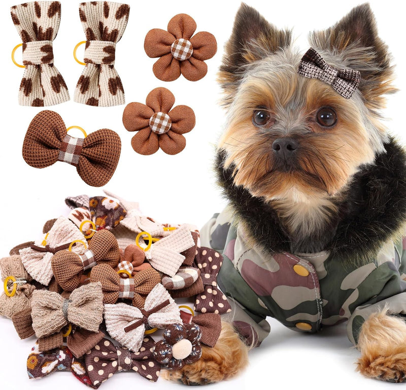 20pc Brown Small Dog Hair Bows, Mix Holiday Dog Hair Bows for Yorkie Dogs, Puppy Dog Hair Accessories with Rubber Bands, Top Knot for Daily Use Brown-A330 - BeesActive Australia