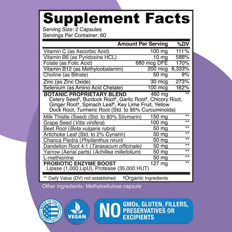 Liver Cleanse Plant-Based Formula - Vegan Full Spectrum Supplement with Milk Thistle, Vitamin C and Zinc for Liver Function and Immune Support - 120 Capsules - No Fillers or GMO - Made in USA