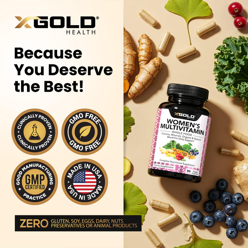 X Gold Health Vegan Women's Daily Multivitamin 50 Plus Organic WholeFood | Based Natural Ingredients, Ginger, Maca, Multi-Vitamin B Complex & More - Energy Support, Immune System Booster -90 Capsules