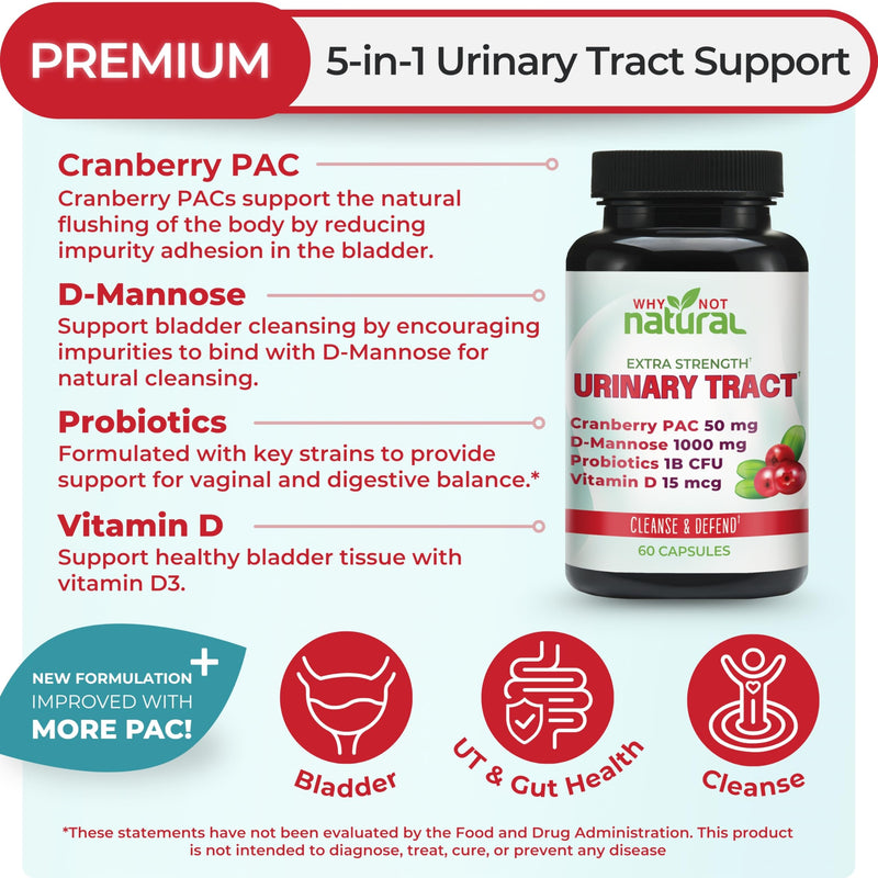 Why Not Natural 5-in-1 UTI Pills with D Mannose, Cranberry PAC Extract, Probiotics and Vitamin D - Urinary Health Formula for Women and Men - BeesActive Australia