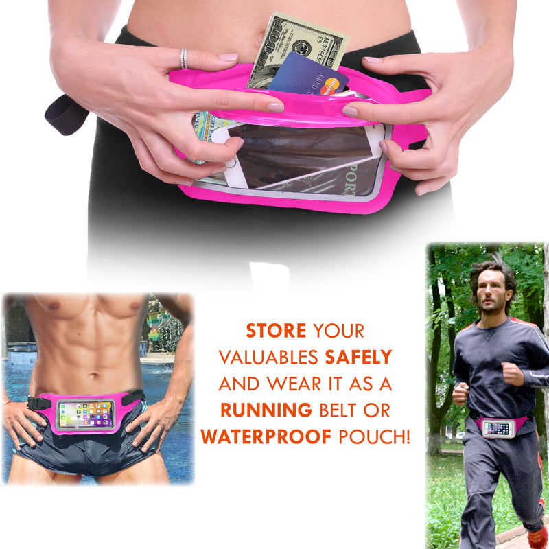 Ultimate Pink Waterproof Running Swimming Belt: Phone & Essentials Holder for Gym, Beach, Kayaking, Ski! Fits iPhone, Samsung - Touchscreen, IPX8 Rated Dry Waist Pouch - Adventure-Ready Performance! Hot Pink - BeesActive Australia
