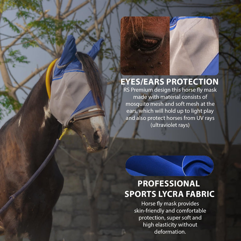 RS Premium Horse Fly Mask with Ears | Smoothly protect Face and Ears from UV & from Insects | Made with durable elasticable lattice | Sweat Absorber | Comfortable & Relaxable | size: Medium & Large Blue - BeesActive Australia