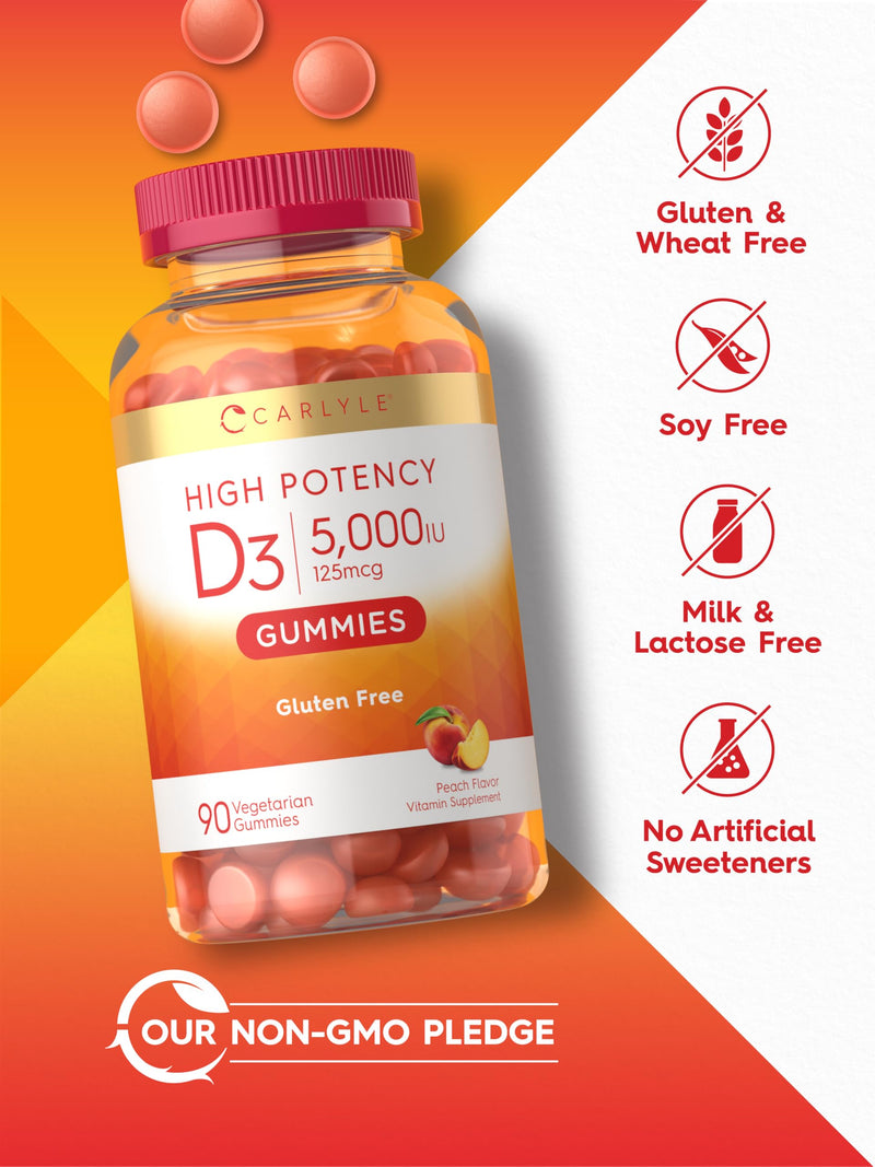 Carlyle Vitamin D3 Gummies 5000 IU (125 mcg) | 90 Count | Peach Flavor | Vegetarian, Non-GMO, Gluten Free Supplement 90 Count (Pack of 1)