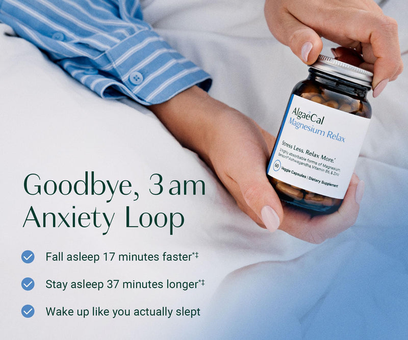 AlgaeCal Magnesium Relax for Sleep, Stress, & Cortisol, 60 Caps, 2 Packs | Chelated Magnesium Glycinate (350mg) with Sensoril® ashwagandha for sleep, stress, calm and cortisol support. Easy to swallow 60 Count (Pack of 2)