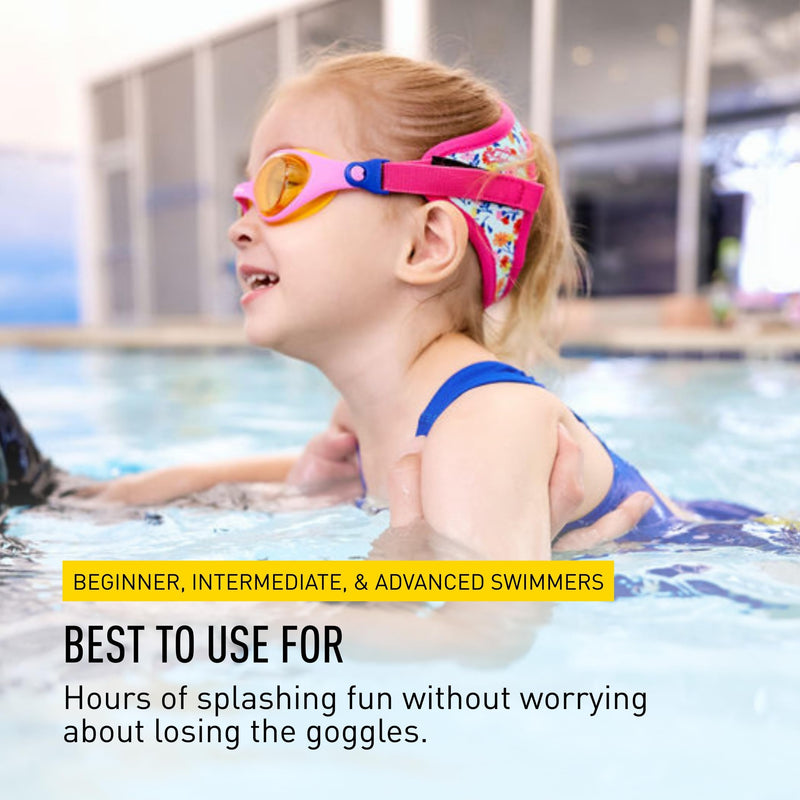 FINIS DragonFly Kids Swim Goggles - Ages 3-8 - UV Protection - Floating Neoprene Strap - Soft Silicone Fit - Flower Power - BeesActive Australia