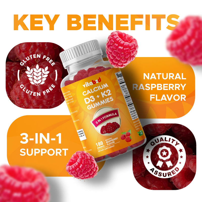 Vitabod Vitamin D3 + K2 Gummies – Bone & Heart Health Support – 180 Pectin-Based Vegan Gummies