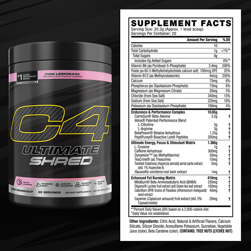 C4 Ultimate Pre-Workout, 300mg Caffeine, 20 Servings | Pink lemonade flavor with 300mg caffeine, TeaCrine, Dynamine & cayenne extract for energy and thermogenic support.