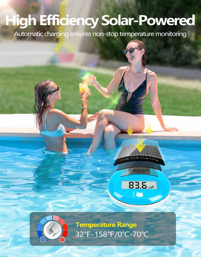 LuxBlue Floating Pool Thermometer Solar Powered | Large LCD Display- Easy to Read | IP68 Waterproof Digital Pool Thermometer with String | Ultra-Precise Pools Water Temperature Gauge for Hot Tub, Spa
