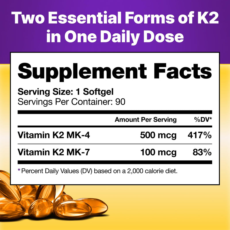 InnovixLabs Full Spectrum Vitamin K2-90 Softgels with 600 mcg of Trans Form MK7 and MK4 - Supports General Health and Bone Strength - Soy and Gluten Free K2 Vitamin Supplement (Pack of 2) 90 Count (Pack of 2)