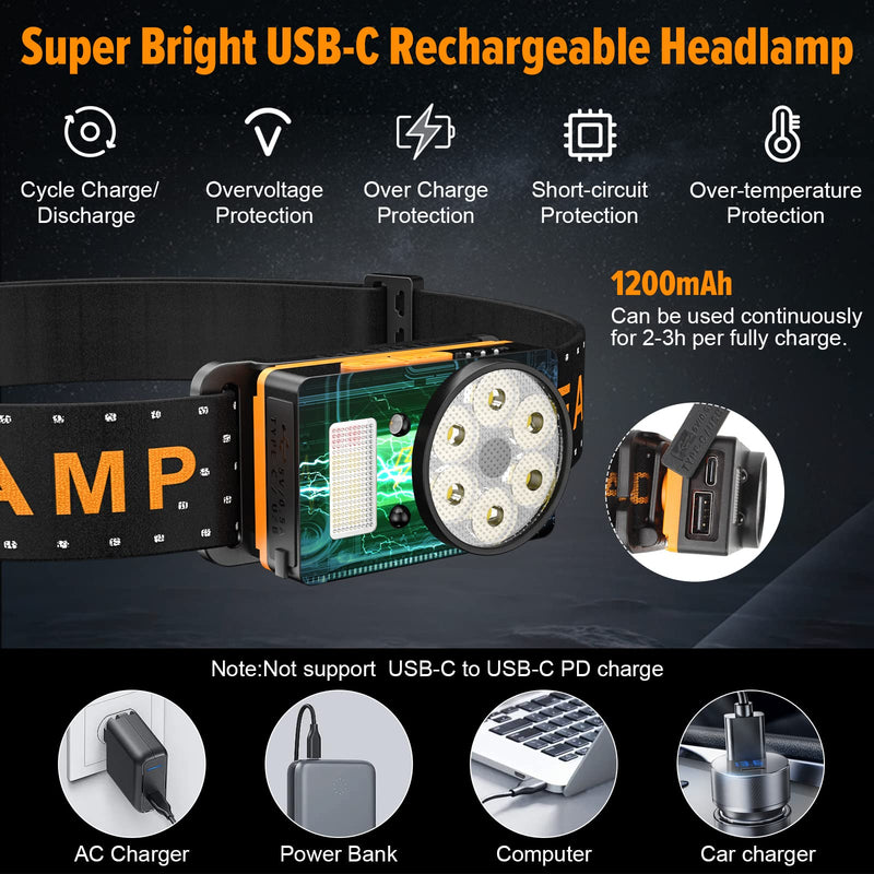 Headlamp Rechargeable, 500 Lumen Super Bright Motion Sensor LED HeadLamp, Headlamp Flashlight with White Red Lights, 6 Modes Lightweight Waterproof Head Lamp for Hiking Camping Essentials