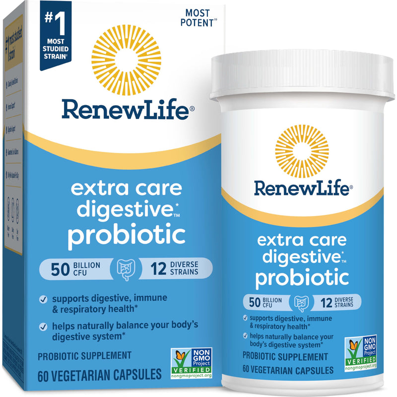 Renew Life Extra Care Digestive Probiotic 50 Billion CFU | 60 Vegetarian Capsules | Supports Digestive, Immune & Respiratory Health| Dairy, Soy and Gluten Free Supplement 60 Count (Pack of 1)