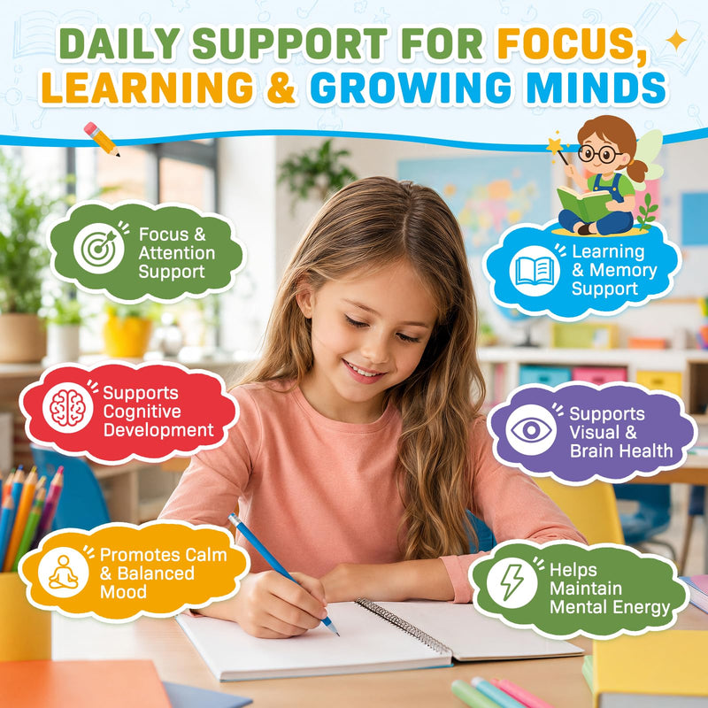 Kids Focus and Attention Supplements with Phosphatidylserine, Omega-3, Magnesium Glycinate, L-Theanine, Choline & Lutein – Kids ADHD Brain Liquid Drops for Memory, Calm Mood & Learning, Strawberry 2oz