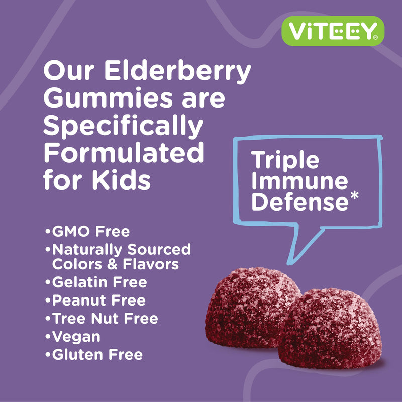 Viteey Sambucus Elderberry Gummies for Kids with Zinc & Vitamin C | Immune Support Supplements 3-1 Immune Booster - Vegan, Gelatin Free, Gluten Free, GMO Free - Chewable Berry Flavored Gummy 120 Count (Pack of 1)