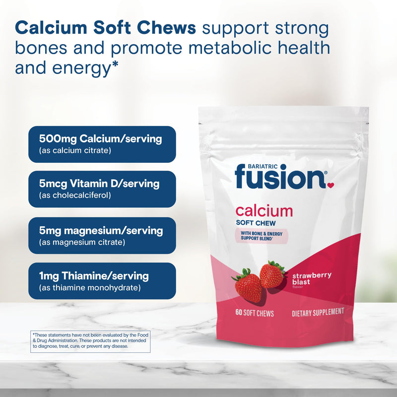 Bariatric Fusion Bariatric Calcium Supplement Chews | Calcium Citrate with Vitamin D3 Bariatric Vitamin | Sugar Free Chewable | 500mg | Strawberry | 60 Count