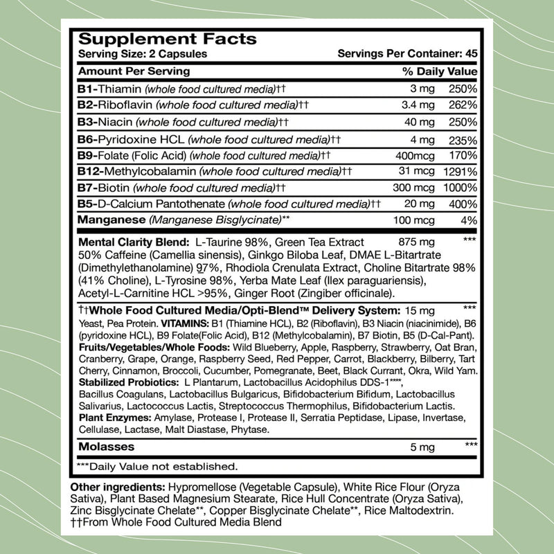 Optimal Health Systems B Awake Whole Food B Complex Formula, 90 Capsules | Whole food B-complex, rhodiola root, DMAE, taurine, enzymes and probiotics, natural energy, focus, clarity and mood support