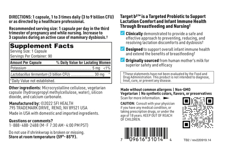 Klaire Labs Target B2 Breastfeeding Probiotic - Support Nursing & Infant Immune Health with Lactobacillus Fermentum - Support Baby Immune Health Through Nursing - Shelf-Stable for Women (90 Capsules) - BeesActive Australia