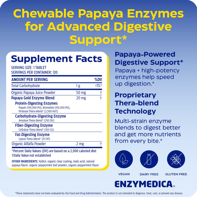 Enzymedica Papaya Gold - Papaya Enzymes Chewable - 120 Tablets | Digestive Enzyme Supplement for Women and Men, Digestion & Gut Health Support, High Potency Bromelain & Papain, Vegan 120 Count (Pack of 1)