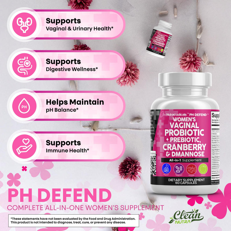 Clean Nutraceuticals Vaginal Probiotics for Women + Prebiotics 20 Billion Cranberry Pills w D-Mannose 500 mg for Urinary Tract Health pH Balance - for Vaginal Health Supplements Pills - 2Pack 2