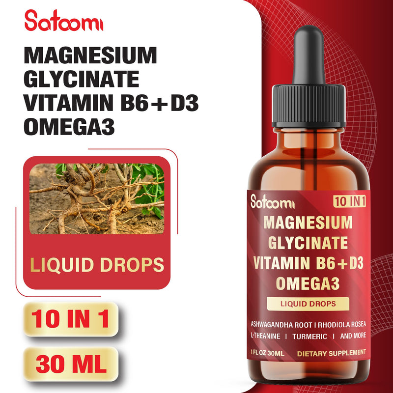 10in1 Magnesium Glycinate Liquid Drops – Magnesium Complex Supplement with Omega3, Vitamin D3, Vitamin B6, Ashwagandha and More - Supports Overall Wellness - 1 FL Oz - 1 Month Supply