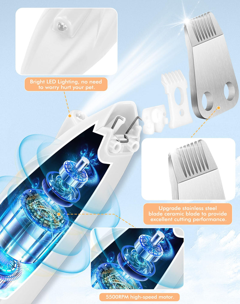 LEYOUFU Dog Clippers for Grooming, Cordless Dog Grooming Kit for Small Dogs with LED Light, Rechargeable Low Noise Cat Hair Trimmer for Grooming Pet Hair Around Paws, Eyes, Ears, Face, Rump (White) White - BeesActive Australia