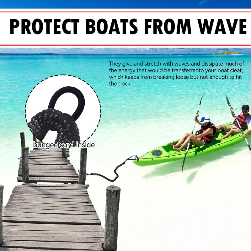 Marine Bungee Dock Lines for Boat 4-Pack, Braided Rope with Loops, Boat Tie Down for Dock, (4ft Black)