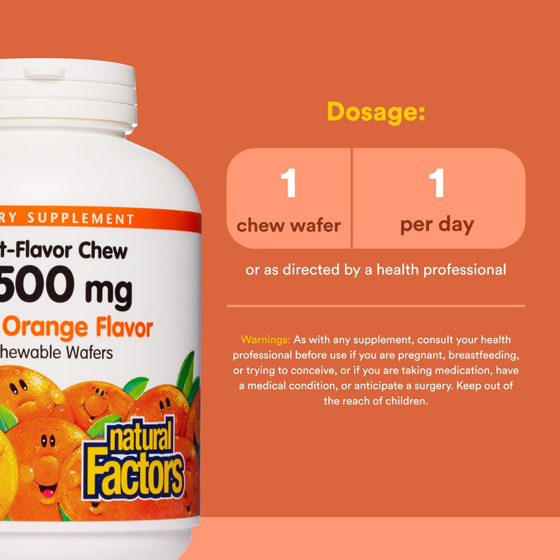Natural Factors, Kids Chewable Vitamin C 500 mg, Supports Immune Health, Bones, Teeth and Gums, Tangy Orange, 180 Count (Pack of 1) 180 Count (Pack of 1)