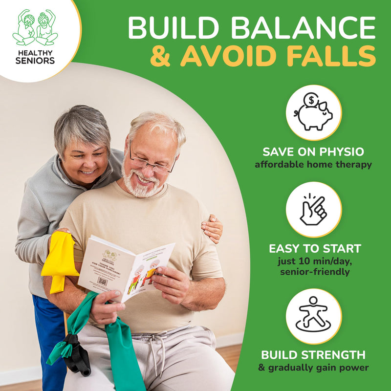 Chair Exercise Program with Two Resistance Bands, Handles and Printed Exercise Guide. Suitable for Rehab or Physical Therapy. Thoughtful Gift for Grandma or Grandpa