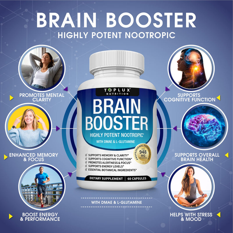 Toplux Brain Supplement Nootropic – Brain Pills Vitamin with DMAE, Bacopa Monnieri, L-Gutamine, for Men Women, 60 Capsules, Nutrition Two