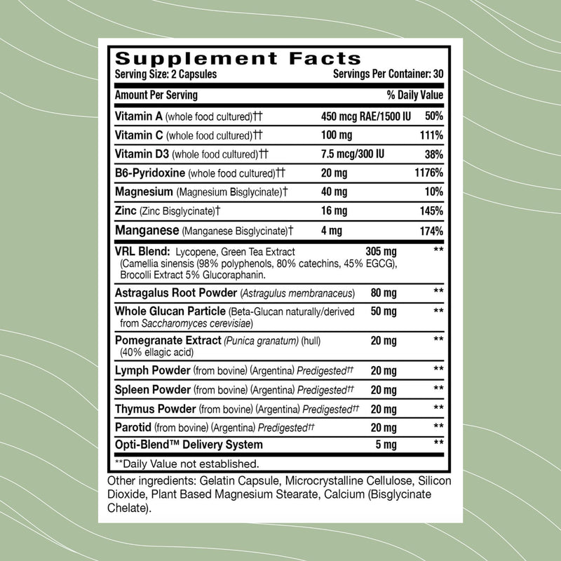 Optimal Health Systems Immune VRL Whole Food Immune Support, 60 Capsules | Whole food immune support, elderberry, olive leaf, garlic, green tea, thymus, spleen and lymph support, non-GMO, gluten-free