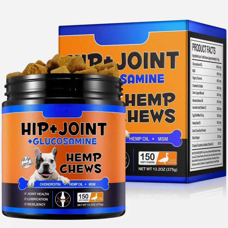 150 Hip & Joint Support Dog Chews with Glucosamine, MSM & Hemp Oil – Duck Flavour Soft Chews for Dogs – Mobility & Joint Wellness Supplement for Puppies – 375g (Pack of 1)