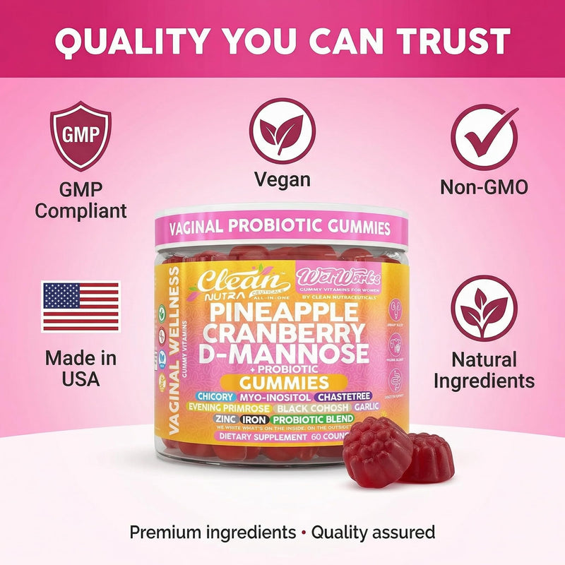 Wet Works Women's Vaginal Probiotic Gummies Pineapple Cranberry Folic Acid D-Mannose Vitamin C Chicory Myo Inositol Garlic Black Cohosh Zinc Iron Evening Primrose Chastetree 60 Count by Clean Nutra