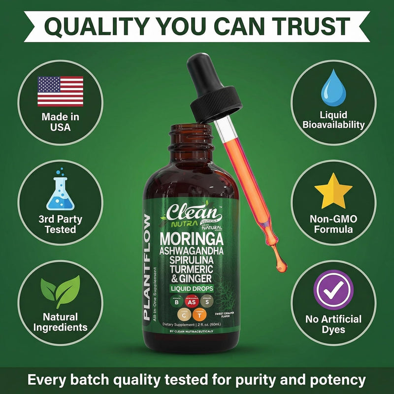 Clean Nutra Moringa Supplement Drops Ashwagandha Spirulina Chlorella Turmeric & Ginger Liquid Barley Grass with Chlorophyll Blue Green Algae Vitamin C Antioxidant Holy Basil Ceylon Cinnamon PlantFlow