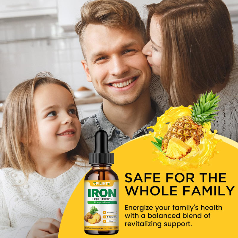 Liquid Iron Supplement for Women Men & Kids Multivitamin Iron Drops with Folate, Vitamin C, B6, B12, Zinc for Anemia, Iron Deficiency, Blood Builder, Energy - Natural Pineapple Flavor, Vegan 2 Fl Oz 2 Fl Oz (Pack of 1)