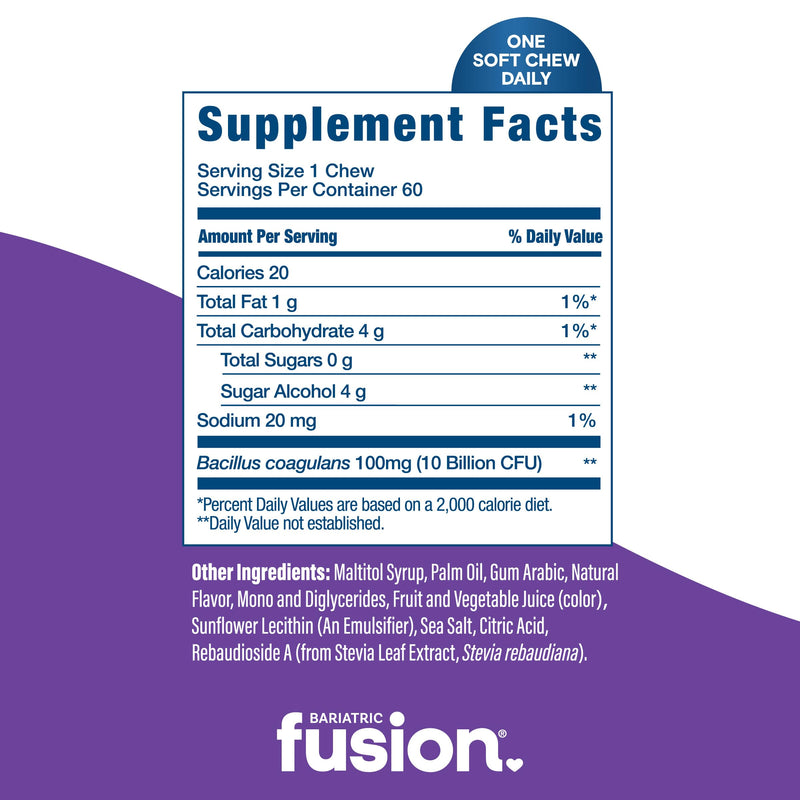 Bariatric Fusion Probiotic Soft Chews | Grape Flavor Chewy Bariatric Vitamin | 10 Billion CFU | Bacillus Coagulans | Support Digestive & Immune Health | 60 Count